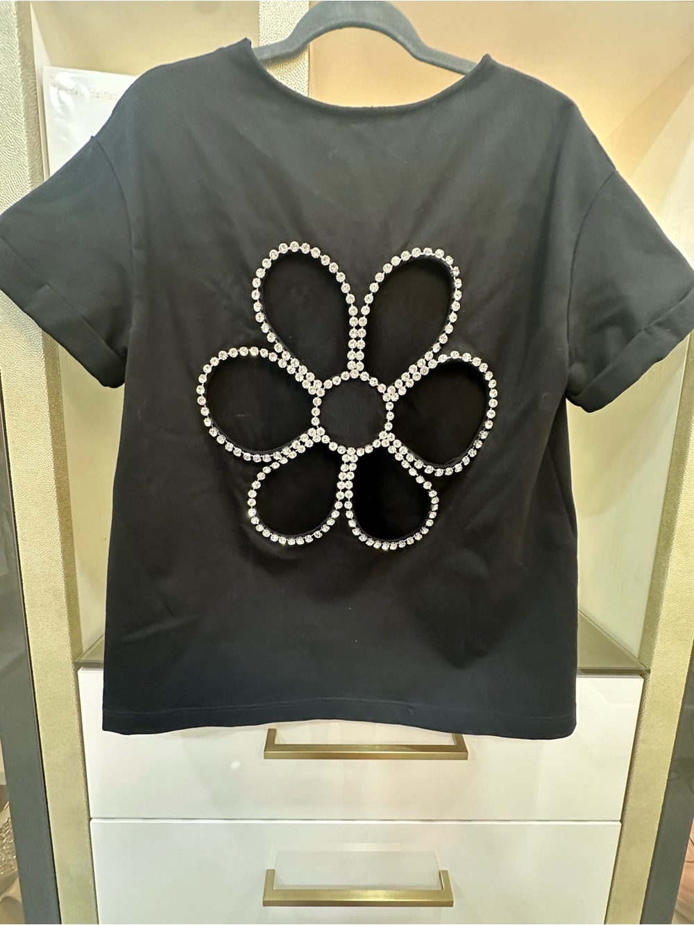 AREA Black Short Sleeve Tee with Crystal Flower Size large